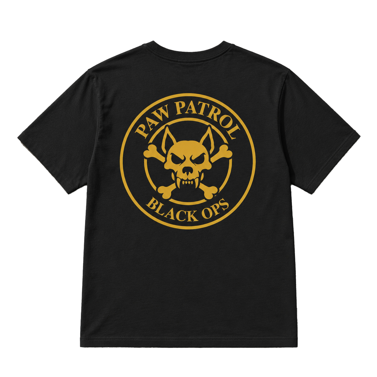 Black t-shirt with golden 'Paw Patrol Black Ops' logo on a black background