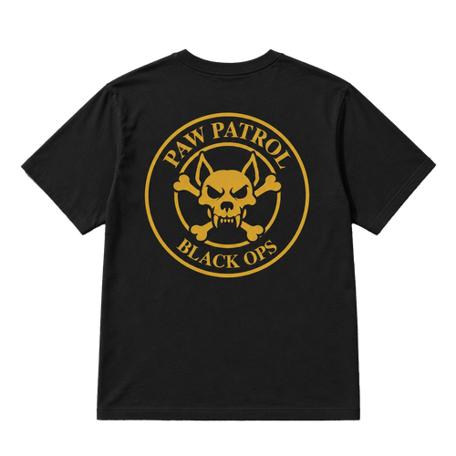 Black t-shirt with golden 'Paw Patrol Black Ops' logo on a black background