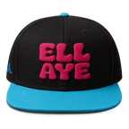 Black cap with pink text 'ELL AYE'  and a turquoise bill and top button, on a white background