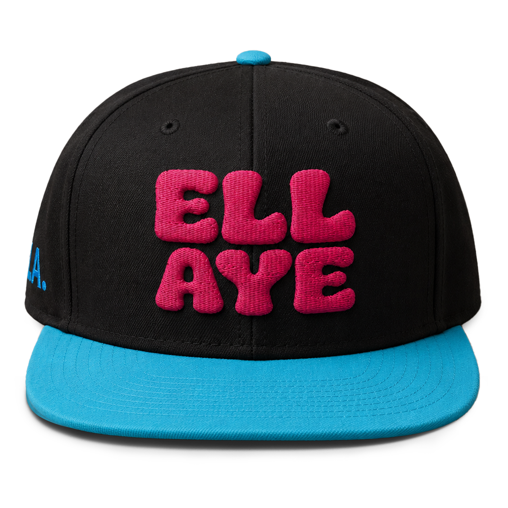 Black cap with pink text 'ELL AYE'  and a turquoise bill and top button, on a white background